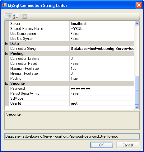 MySQL Website Configuration Tool -
Connection String Editor