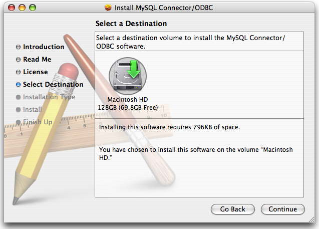 Connector/ODBC Mac OS X Installer -
 Choosing a destination