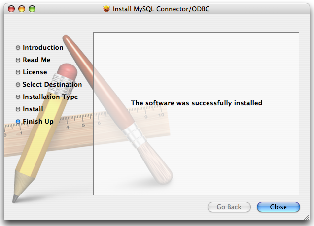 Connector/ODBC Mac OS X Installer -
 Installation complete