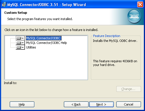 Connector/ODBC Windows Installer -
 Custom Installation welcome