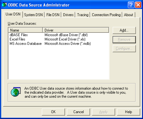 ODBC Data Source
 Administrator Dialog