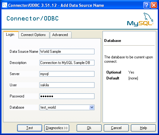 SampleMySQL ODBC DSN
 Configuration Dialog