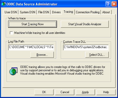 ODBC Data Source Administrator Tracing
 Dialog